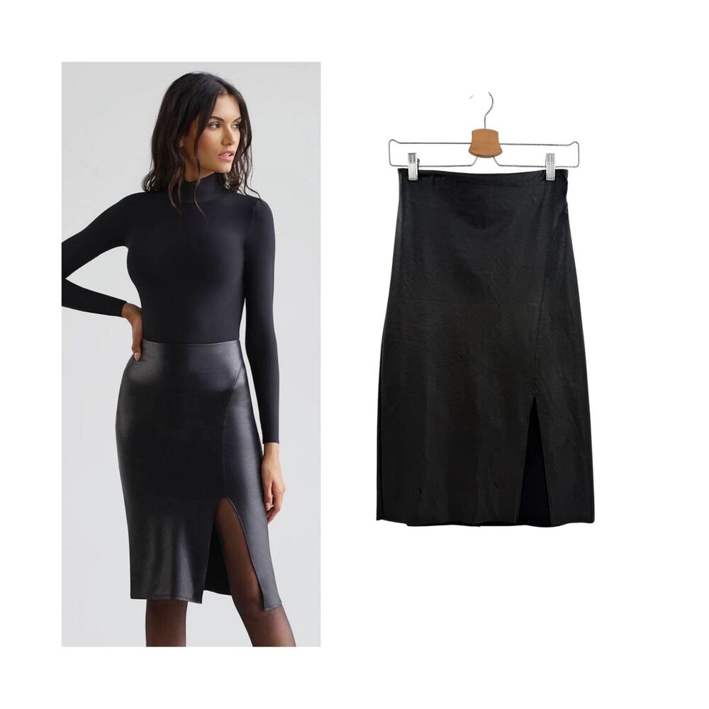 Commando Faux Leather Side Slit Midi Skirt Black Pull On Size Medium
